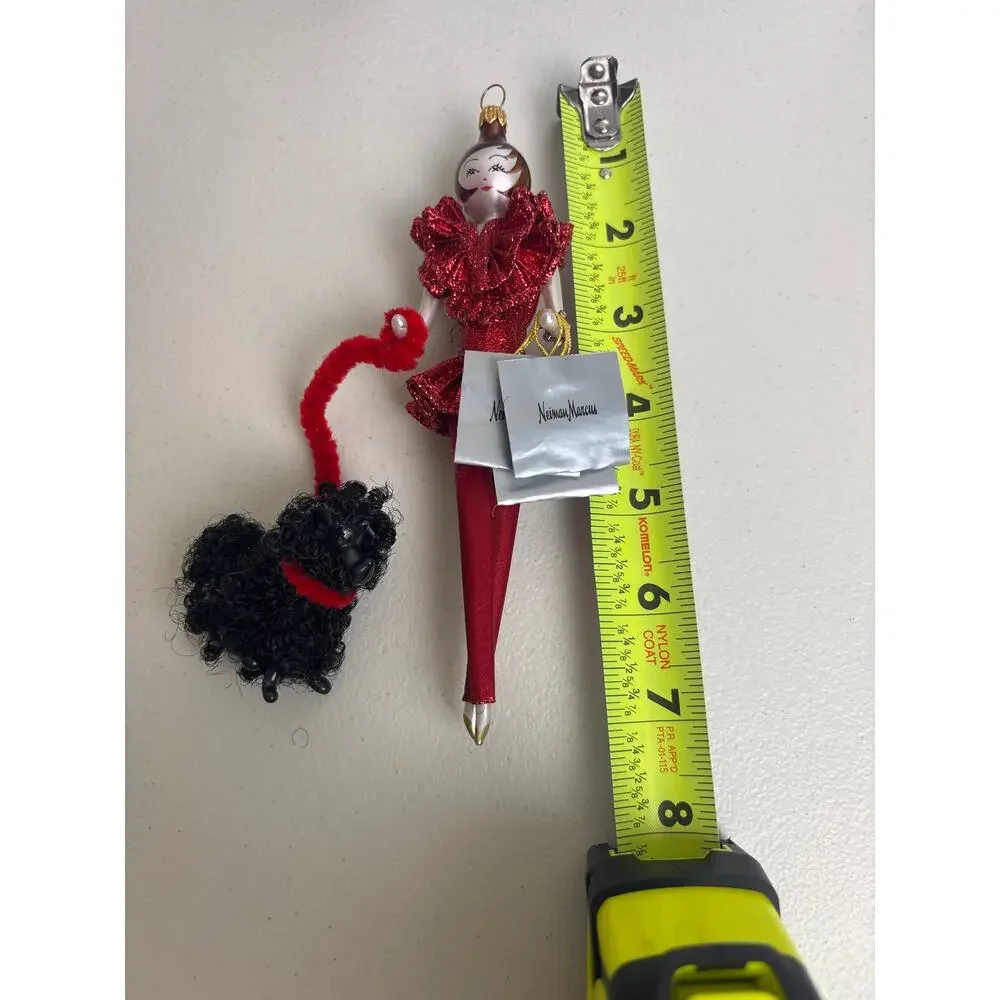 De Carlini Neiman Marcus Lady w/ Poodle Glass Ornament Red Outfit Italy Box Tags